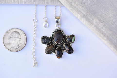 Handmade Black Jack Turquoise & Sterling Silver Pendant with 16 inch Adjustable Chain