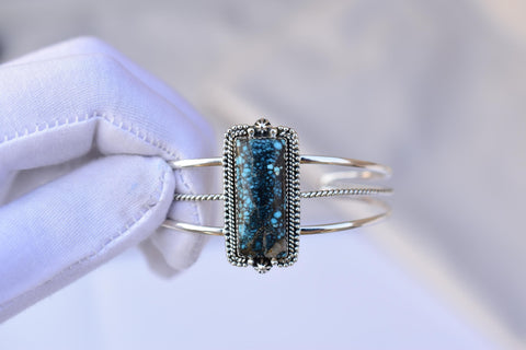 Handmade Blue Moon Turquoise & Sterling Silver Adjustable Bangle 5.5 inch