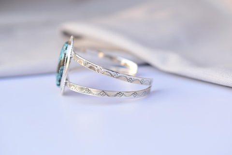 Handmade Blue Moon Turquoise & Sterling Silver Adjustable Bangle 5.5 inch