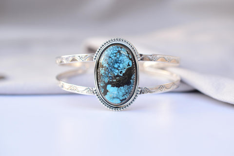 Handmade Blue Moon Turquoise & Sterling Silver Adjustable Bangle 5.5 inch