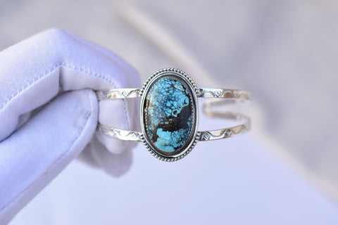 Handmade Blue Moon Turquoise & Sterling Silver Adjustable Bangle 5.5 inch