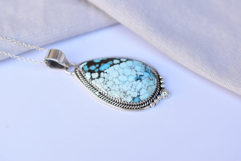 Handmade Blue Moon Turquoise & Sterling Silver Pendant with 16 inch Adjustable Chain