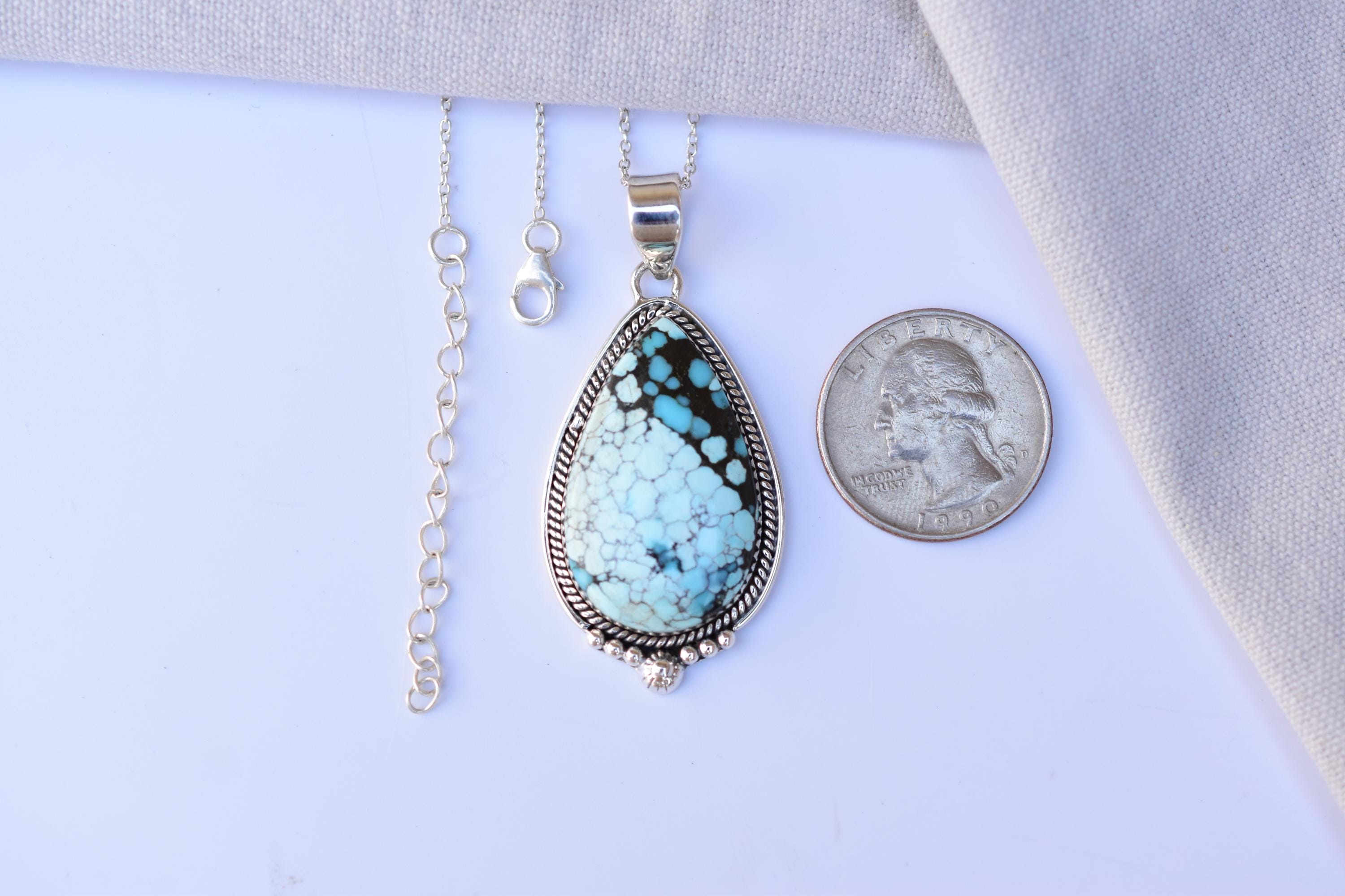 Handmade Blue Moon Turquoise & Sterling Silver Pendant with 16 inch Adjustable Chain