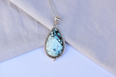 Handmade Blue Moon Turquoise & Sterling Silver Pendant with 16 inch Adjustable Chain